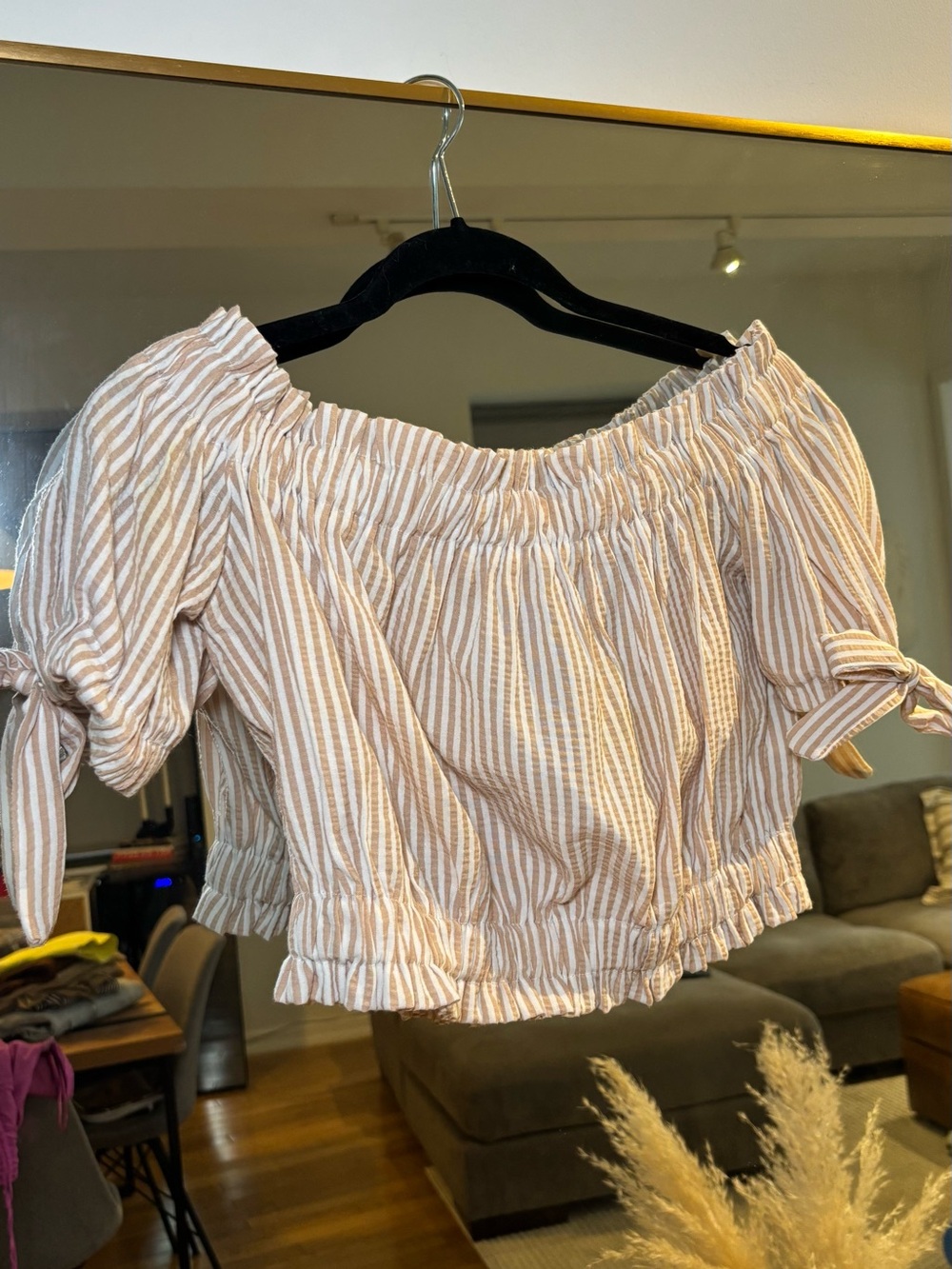 Tie-Sleeve Off-Shoulder Crop Top - Cream & Tan Stripes